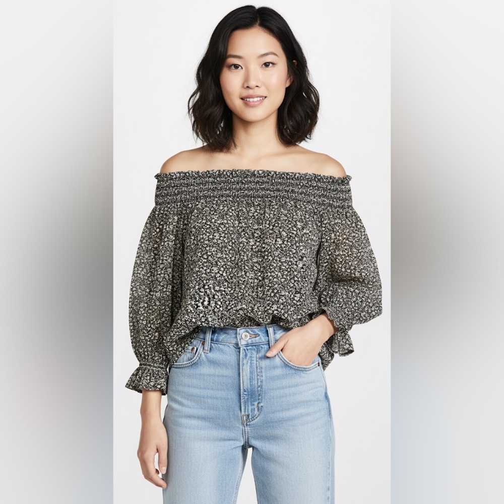 Rebecca Minkoff sheer 3/4 length sleeve off the shoulder floral blouse size M
